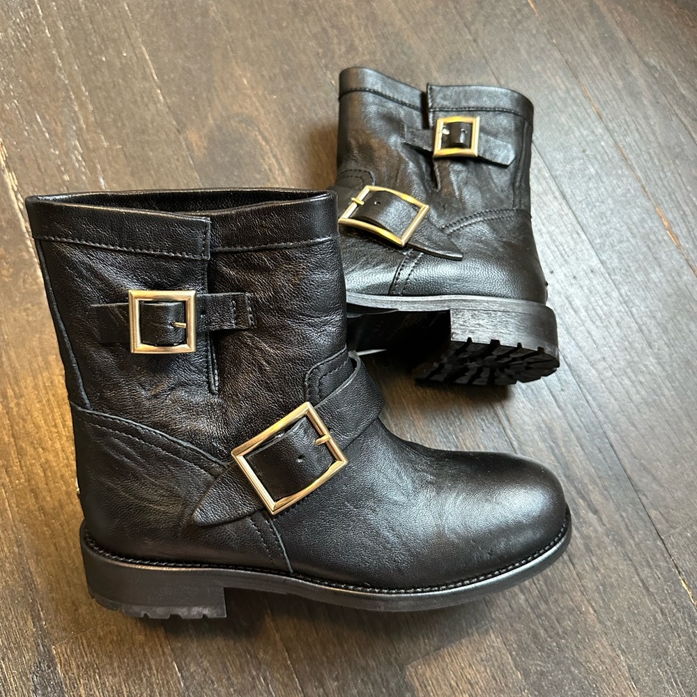 Jimmy Choo Youth buckled crinkled-leather ankle boots in black, size 36.5